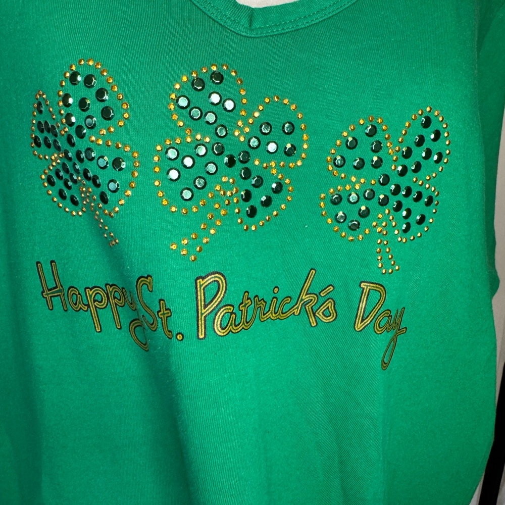 Vibrant Green Shirt with HAPPY ST PATRICK’S DAY design, stud-sparkle shamrocks